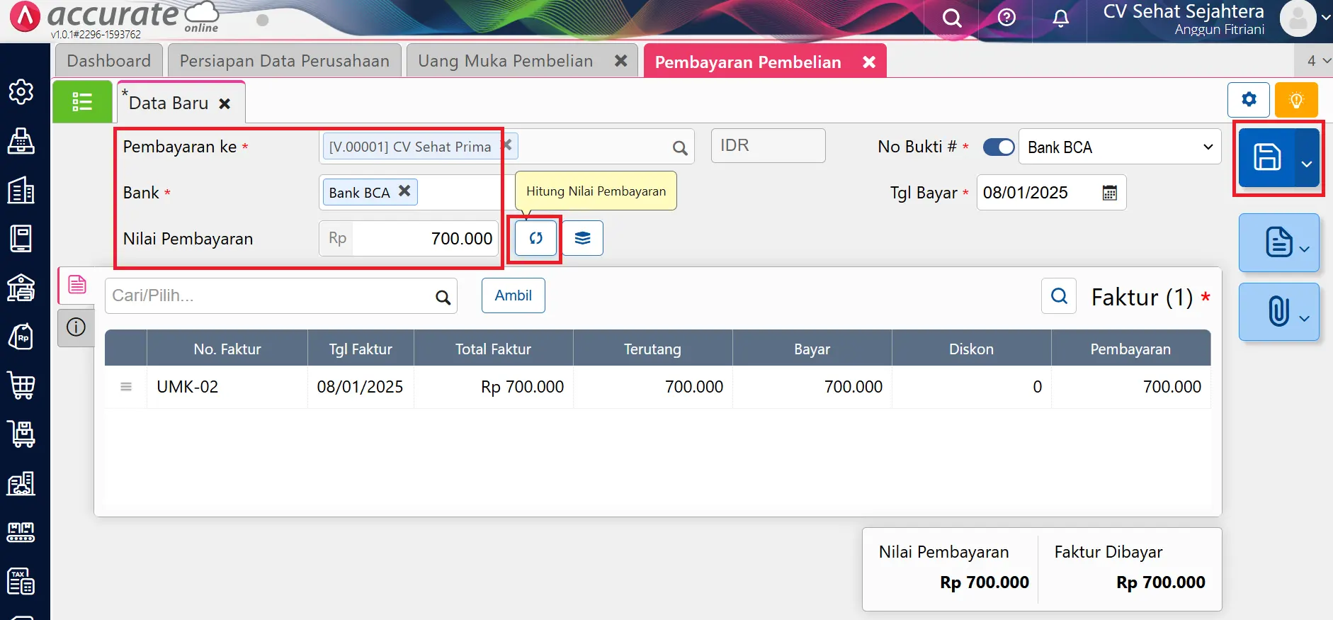 uang muka pembelian Accurate Online